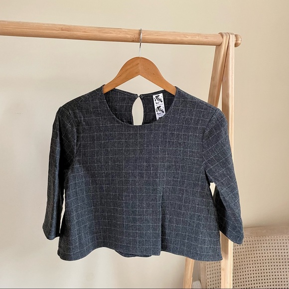 Better Stay Together Handmade Grid Print Crop Blouse in Charcoal - S - Picture 1 of 5